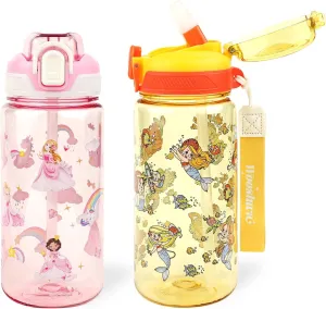 Kids Water Bottle for School or Travel, 20 Oz 2 Pack Durable Plastic Water Bottle with Silicone Straw and Pop-Up Spout Cover, BPA Free & Dishwasher Safe(Mermaid & Princess)