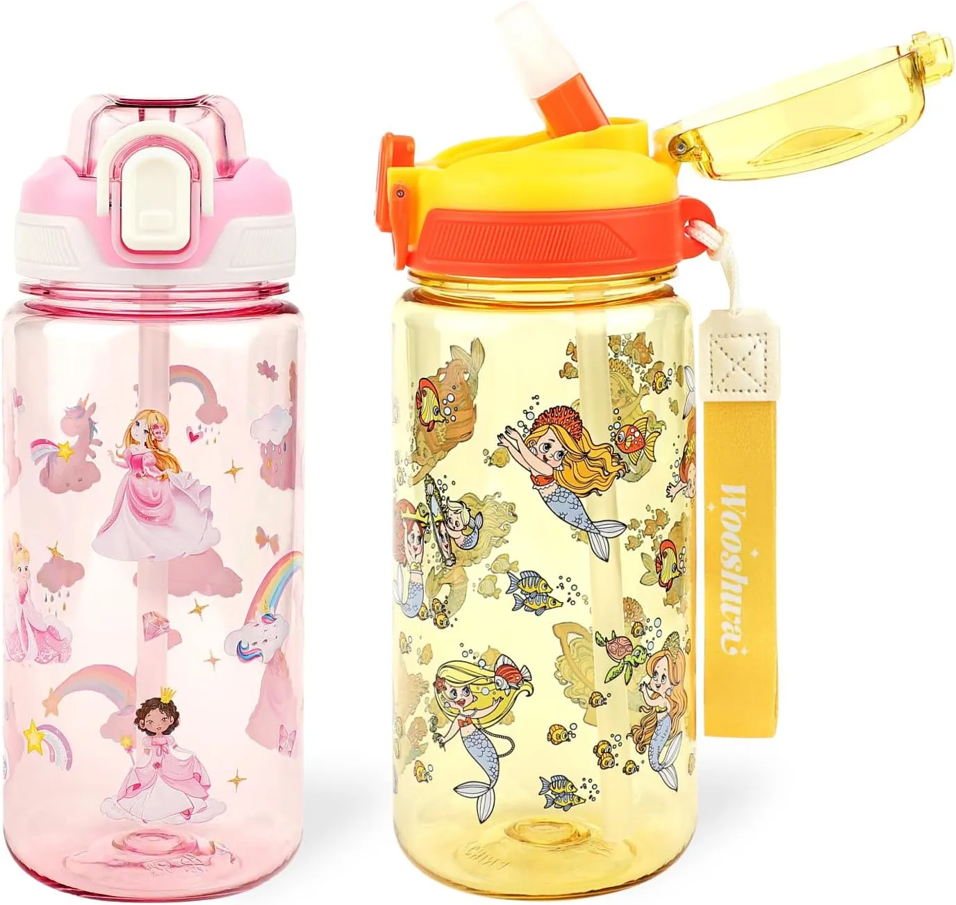 Kids Water Bottle for School or Travel, 20 Oz 2 Pack Durable Plastic Water Bottle with Silicone Straw and Pop-Up Spout Cover, BPA Free & Dishwasher Safe(Mermaid & Princess)