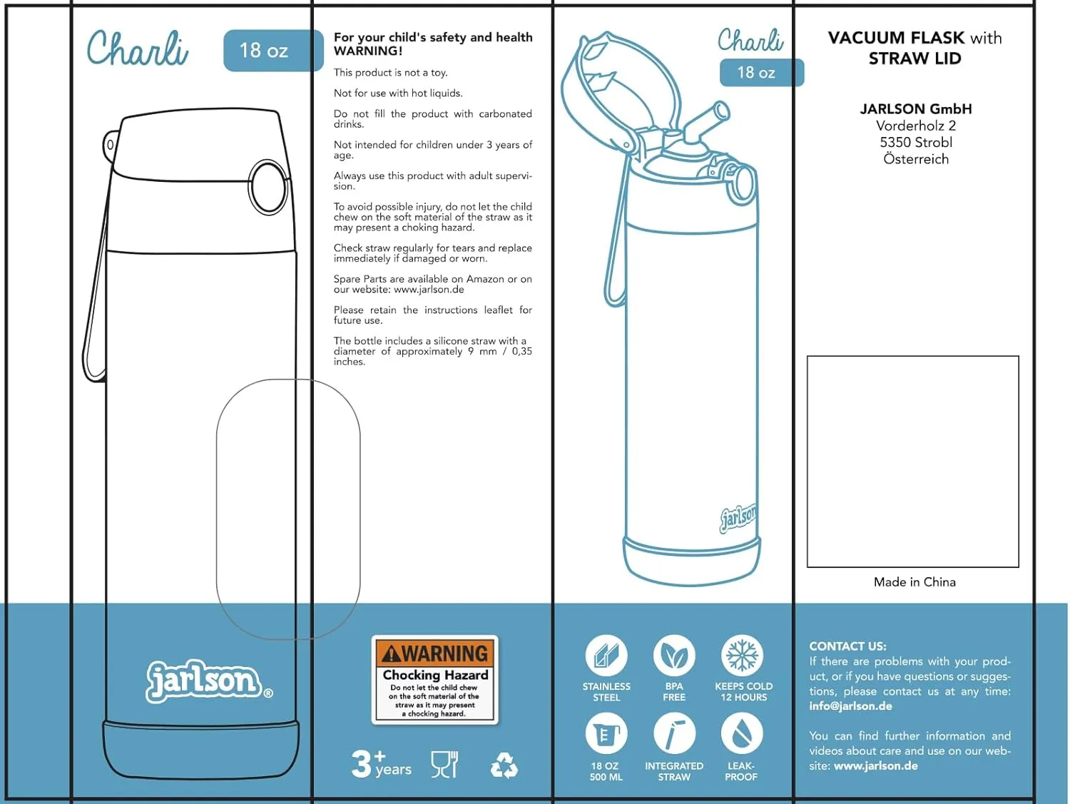 kids water bottle with straw - CHARLI - insulated stainless steel water bottle - thermos - girls/boys (Astronaut 'Star', 12 oz)