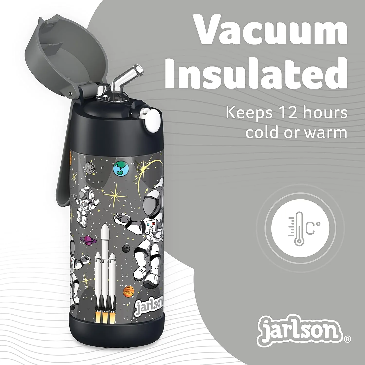 kids water bottle with straw - CHARLI - insulated stainless steel water bottle - thermos - girls/boys (Astronaut 'Star', 12 oz)