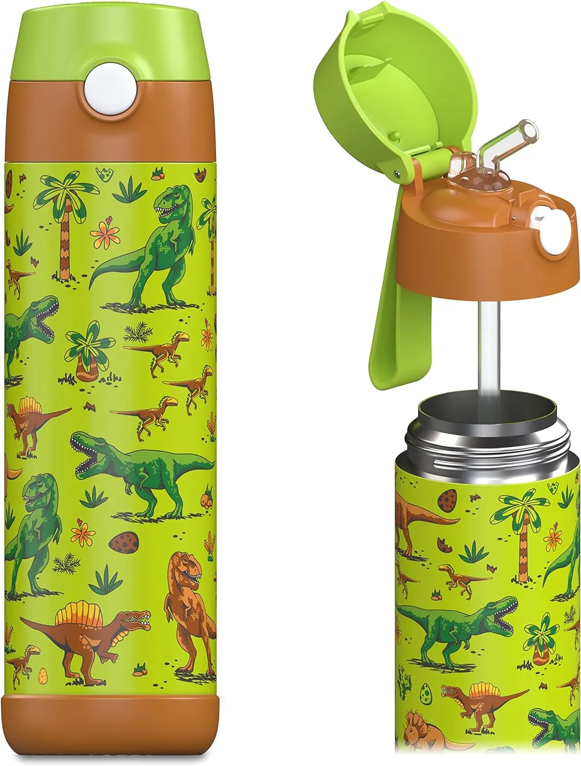kids water bottle with straw - CHARLI - insulated stainless steel water bottle - thermos - girls/boys (Dinosaur 'Mosaic', 18 oz)