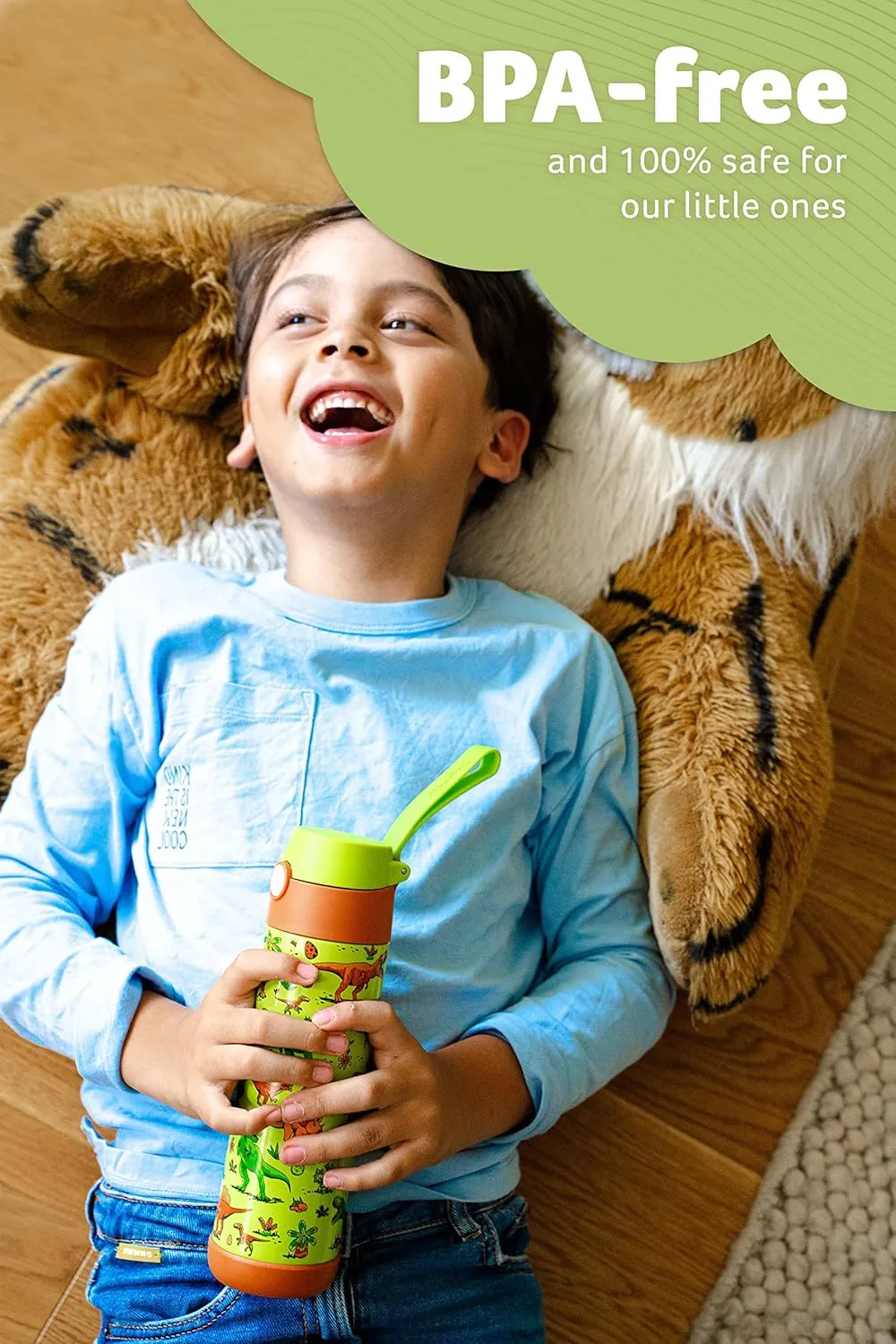 kids water bottle with straw - CHARLI - insulated stainless steel water bottle - thermos - girls/boys (Dinosaur 'Mosaic', 18 oz)