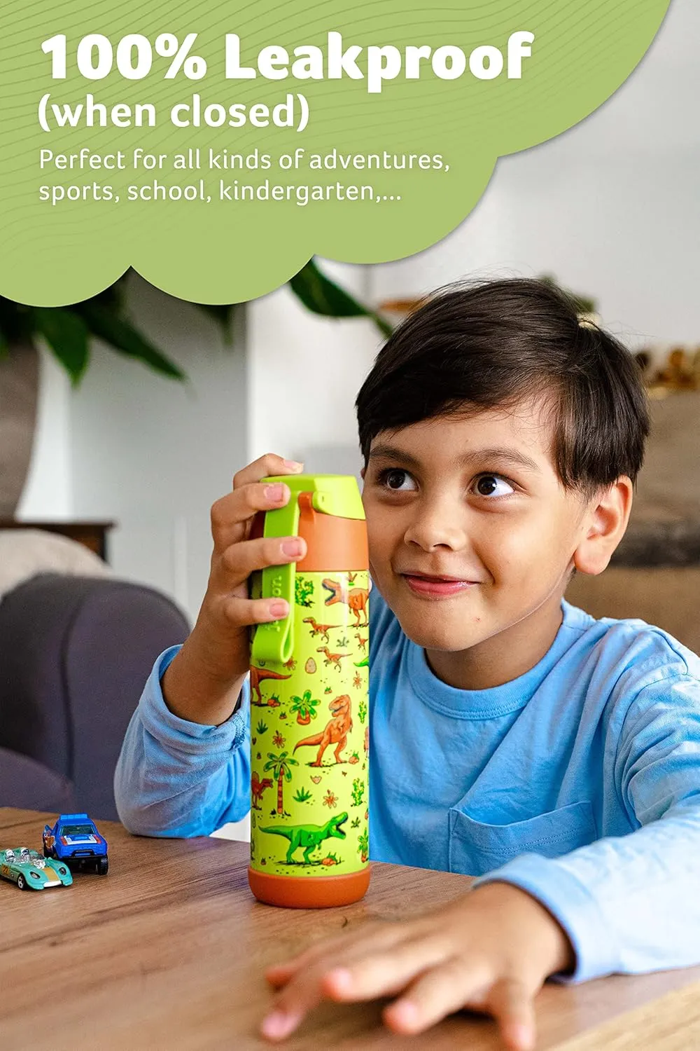 kids water bottle with straw - CHARLI - insulated stainless steel water bottle - thermos - girls/boys (Dinosaur 'Mosaic', 18 oz)