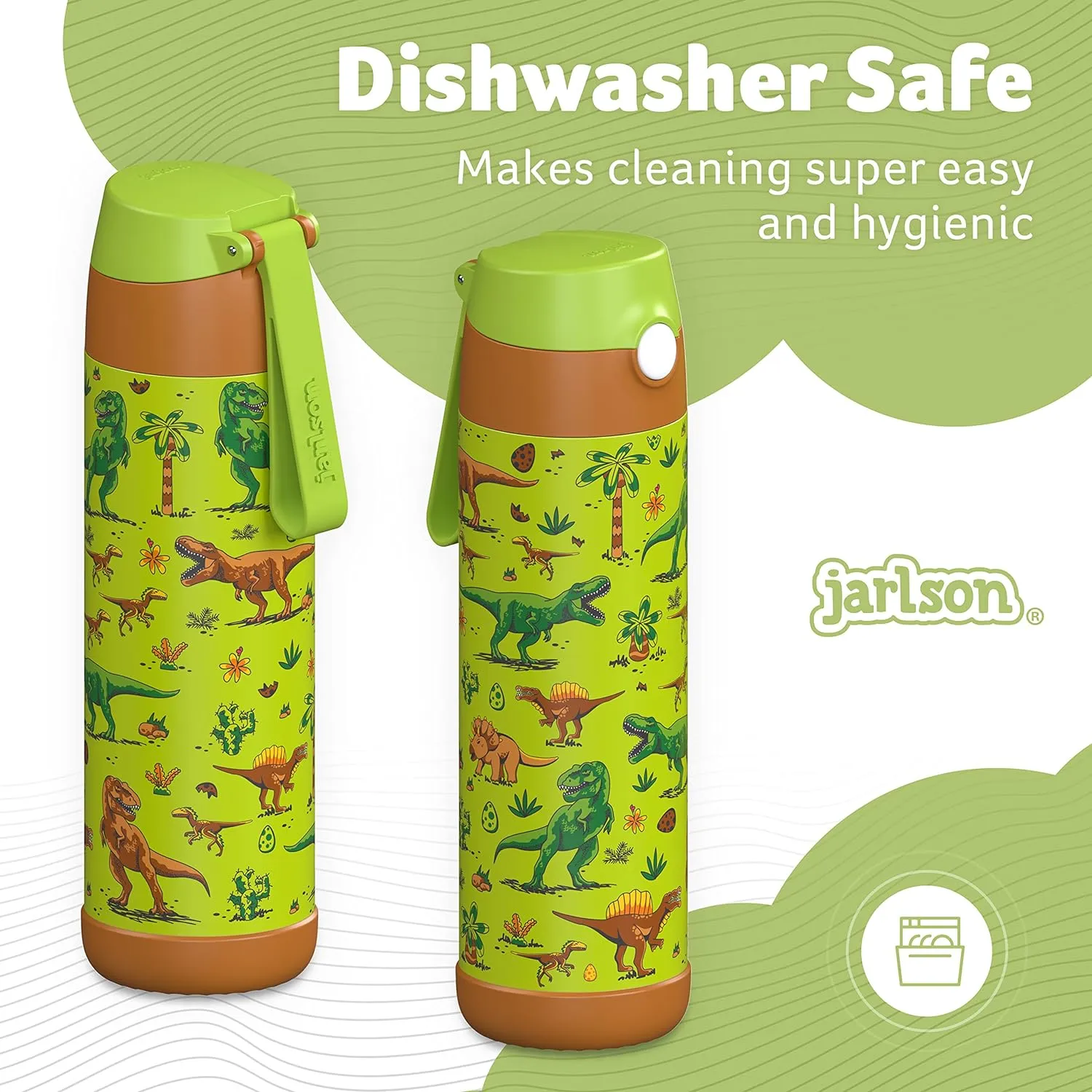 kids water bottle with straw - CHARLI - insulated stainless steel water bottle - thermos - girls/boys (Dinosaur 'Mosaic', 18 oz)