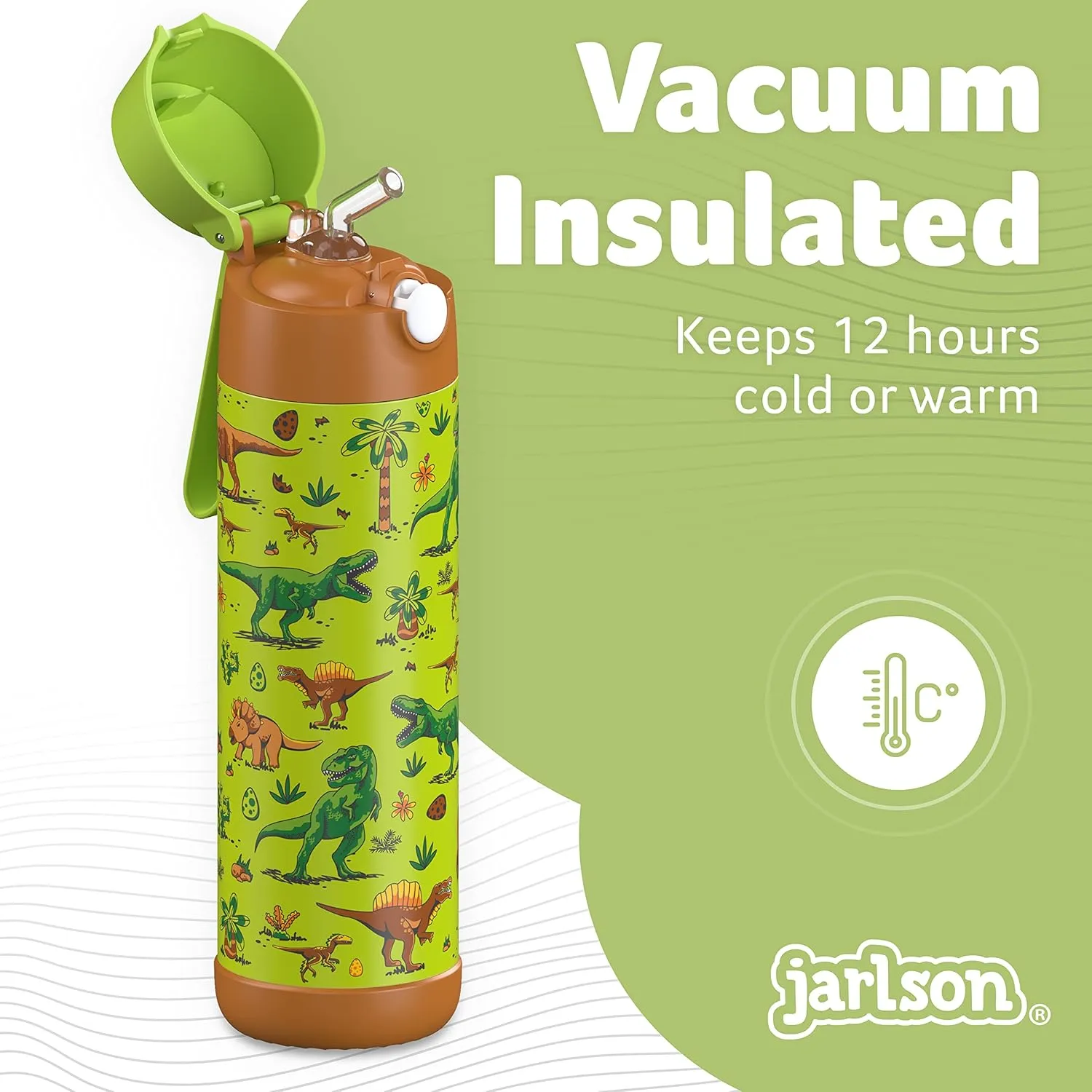 kids water bottle with straw - CHARLI - insulated stainless steel water bottle - thermos - girls/boys (Dinosaur 'Mosaic', 18 oz)