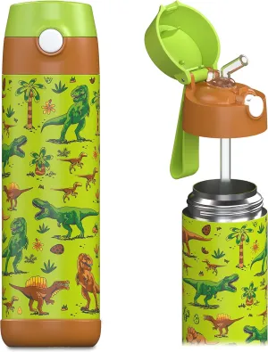 kids water bottle with straw - CHARLI - insulated stainless steel water bottle - thermos - girls/boys (Dinosaur 'Mosaic', 18 oz)