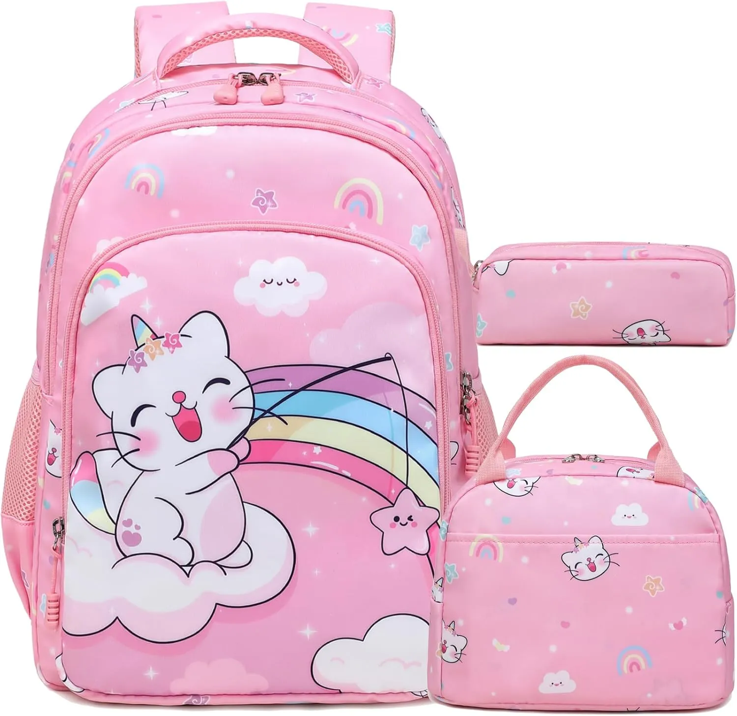 Kimwadalh Girls Backpack with Lunch Box Pencil Case for Elementary School, 3 in 1 Schoolbag with Chest Strap for School Girls