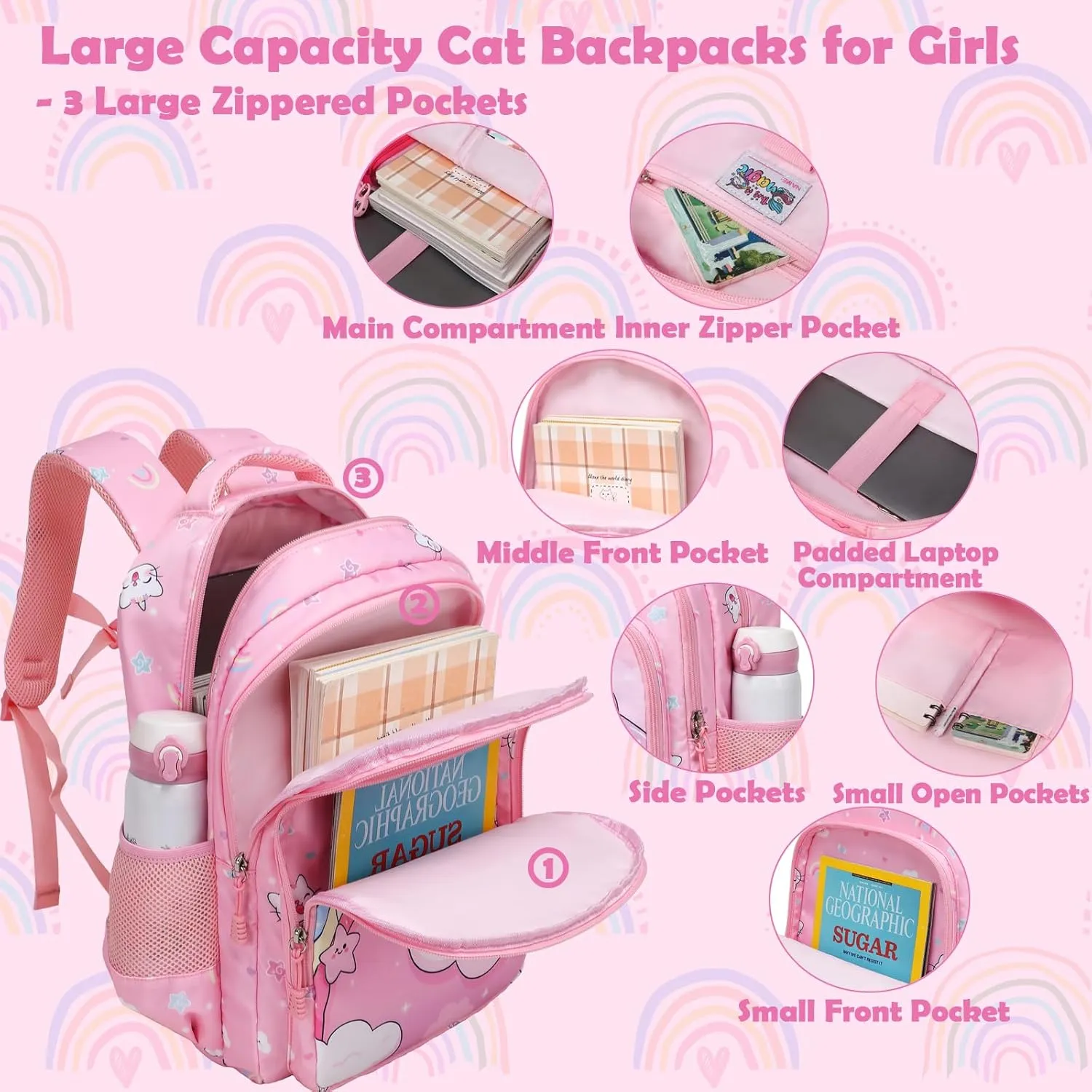Kimwadalh Girls Backpack with Lunch Box Pencil Case for Elementary School, 3 in 1 Schoolbag with Chest Strap for School Girls