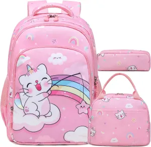 Kimwadalh Girls Backpack with Lunch Box Pencil Case for Elementary School, 3 in 1 Schoolbag with Chest Strap for School Girls