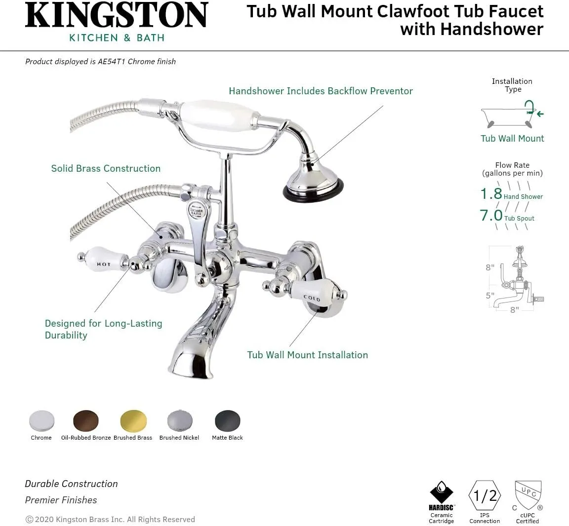 Kingston Brass AE53T0 Aqua Vintage Clawfoot Tub Faucet, 13.25 x 7.06 x 11.5, Matte Black