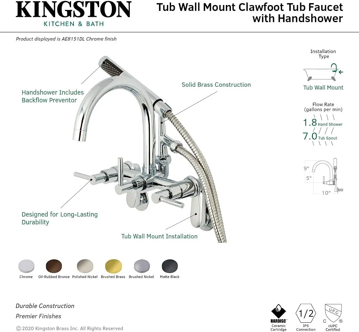 Kingston Brass AE8150DL Concord Clawfoot Tub Faucet, 8.31 x 6.94 x 11.94, Matte Black