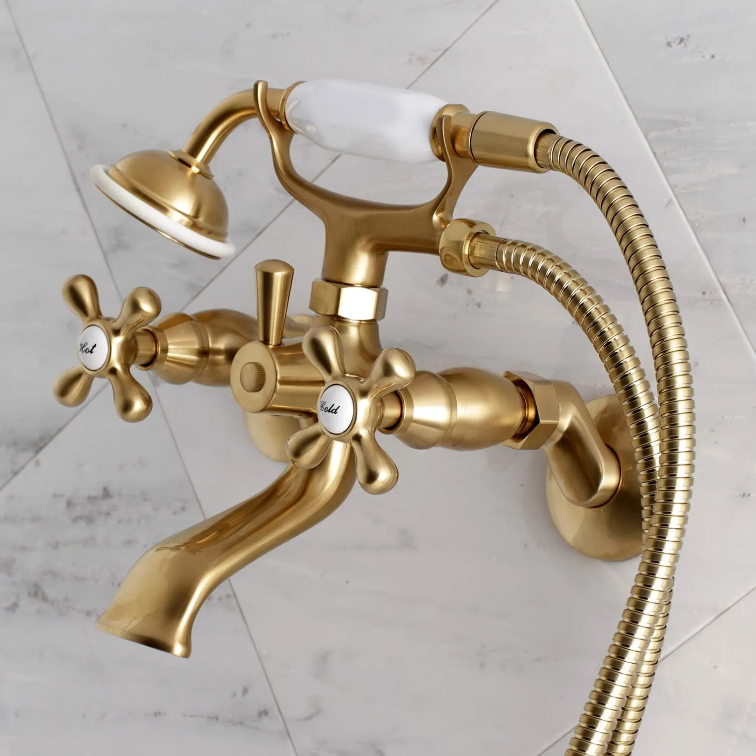 Kingston Brass KS265SB Tub Wall Mount Clawfoot Tub Faucet with Hand Shower, Brushed Brass