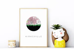 Kirksville, Missouri city skyline with vintage Kirksville map