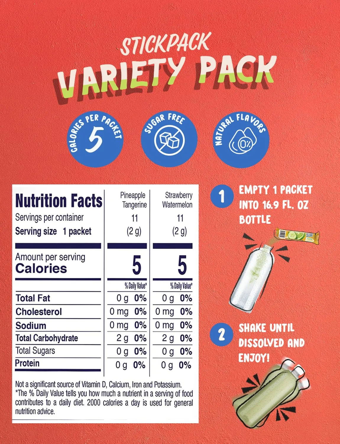 Klass Aguas Frescas Powdered Drink Mix | 44 Sugar Free Powder Packets | Flavors - Cucumber Limeade Pineapple Tangerine Strawberry Watermelon & Hibiscus Berries - Water Enhancer To Go!