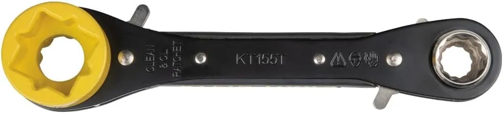 Klein Tools KT155T 6-In-1 Lineman's Ratcheting Wrench with Bolt Through Design and Bright Yellow Socket