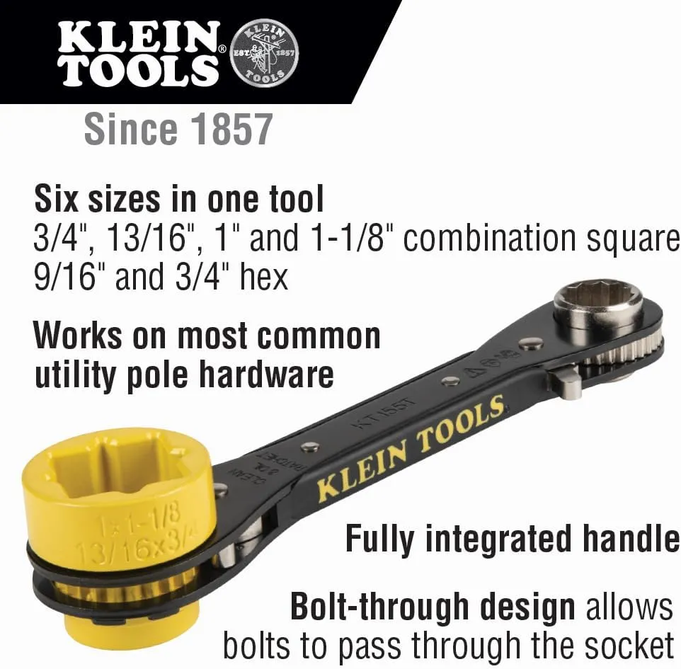 Klein Tools KT155T 6-In-1 Lineman's Ratcheting Wrench with Bolt Through Design and Bright Yellow Socket