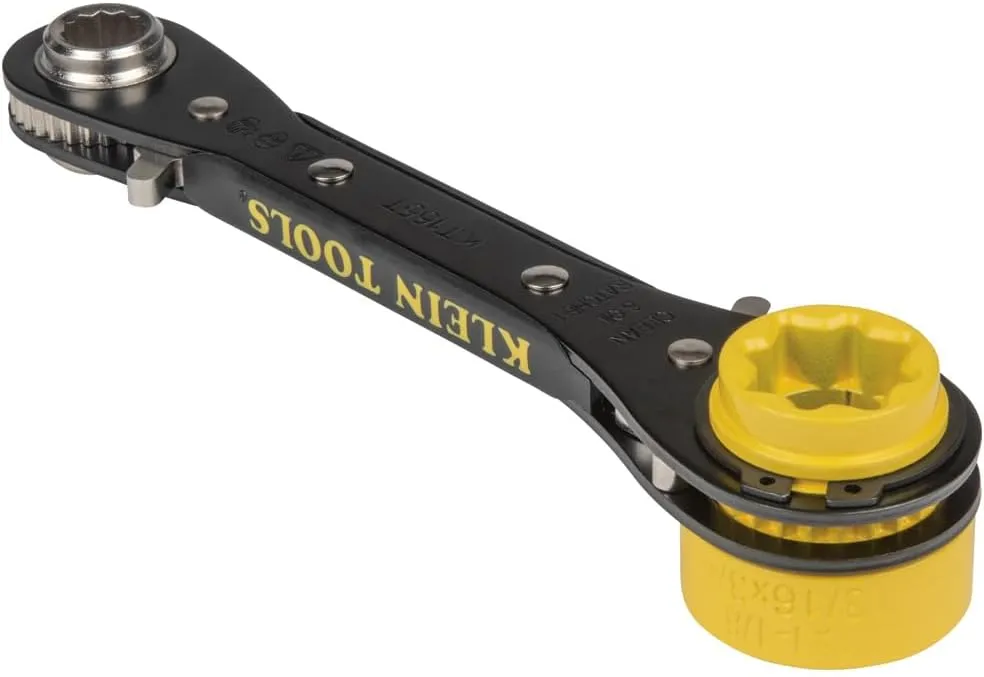 Klein Tools KT155T 6-In-1 Lineman's Ratcheting Wrench with Bolt Through Design and Bright Yellow Socket