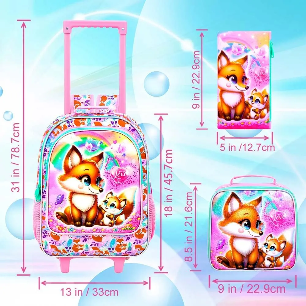 KLFVB Rolling Bookbag for Girls, 3PCS Kids Roller Backpack with Lunch Bag, Wheeled School Bag for Children - Foxes
