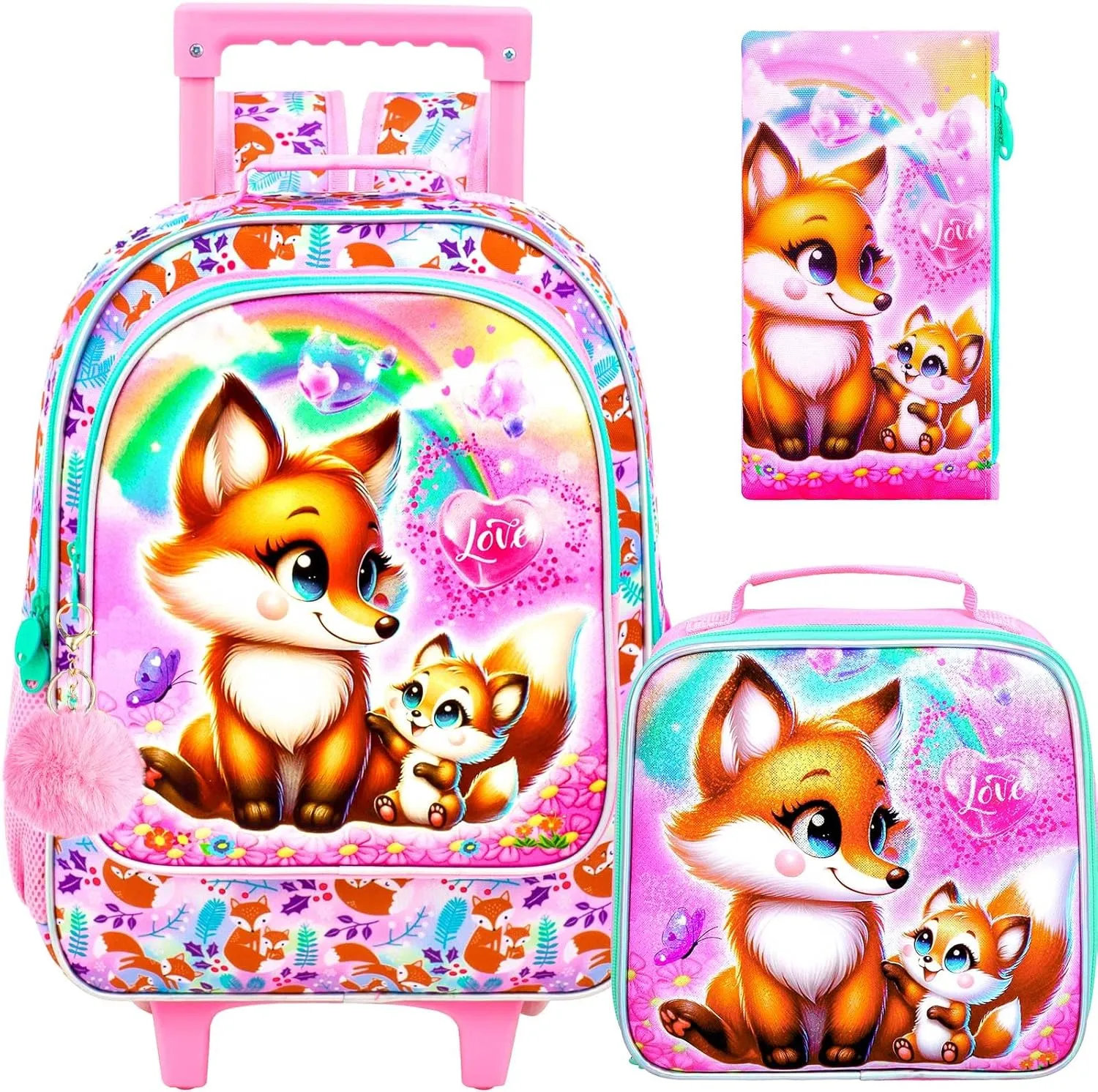 KLFVB Rolling Bookbag for Girls, 3PCS Kids Roller Backpack with Lunch Bag, Wheeled School Bag for Children - Foxes