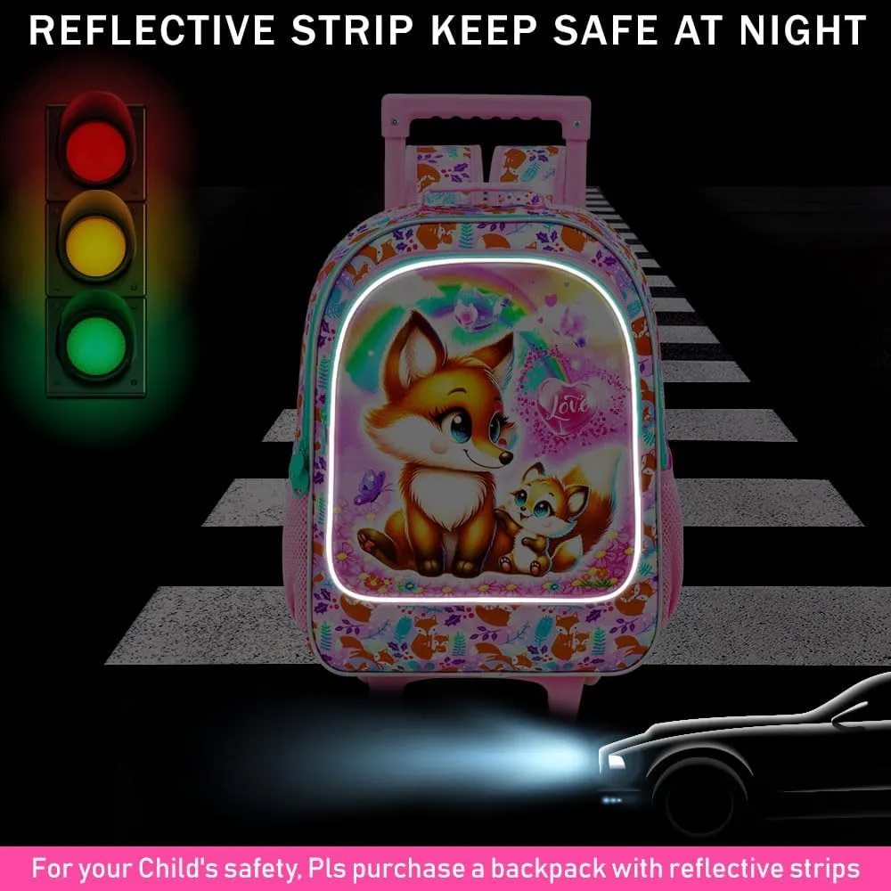 KLFVB Rolling Bookbag for Girls, 3PCS Kids Roller Backpack with Lunch Bag, Wheeled School Bag for Children - Foxes