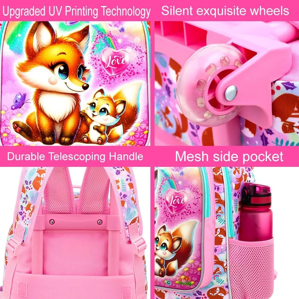 KLFVB Rolling Bookbag for Girls, 3PCS Kids Roller Backpack with Lunch Bag, Wheeled School Bag for Children - Foxes
