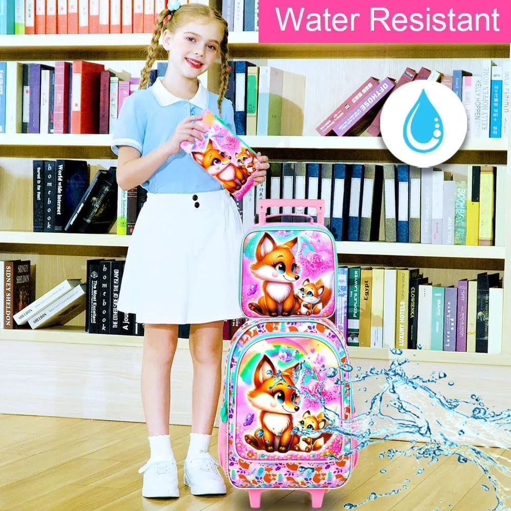 KLFVB Rolling Bookbag for Girls, 3PCS Kids Roller Backpack with Lunch Bag, Wheeled School Bag for Children - Foxes