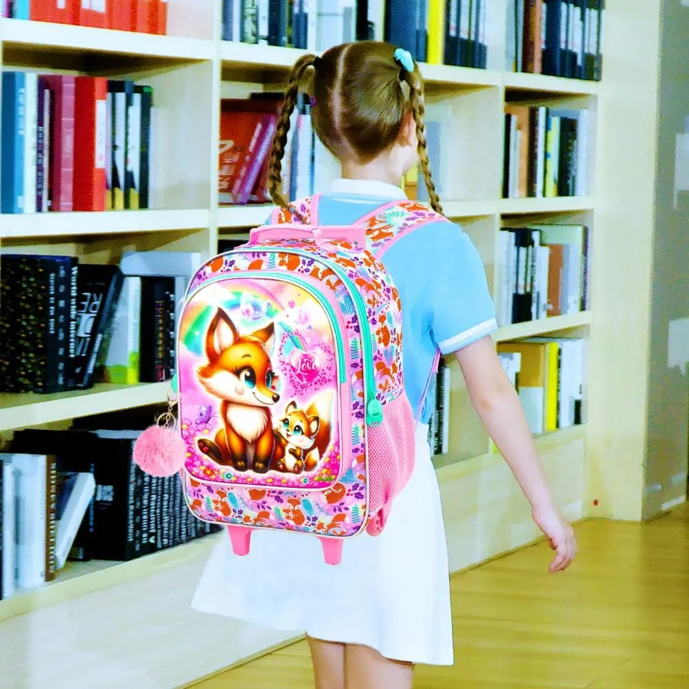 KLFVB Rolling Bookbag for Girls, 3PCS Kids Roller Backpack with Lunch Bag, Wheeled School Bag for Children - Foxes