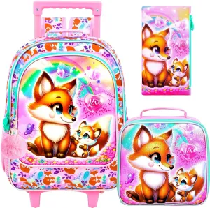 KLFVB Rolling Bookbag for Girls, 3PCS Kids Roller Backpack with Lunch Bag, Wheeled School Bag for Children - Foxes
