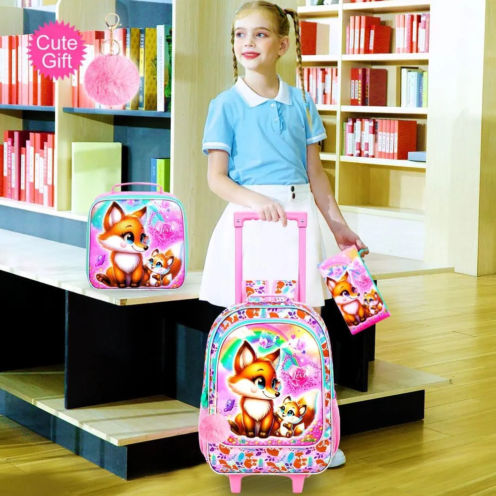 KLFVB Rolling Bookbag for Girls, 3PCS Kids Roller Backpack with Lunch Bag, Wheeled School Bag for Children - Foxes