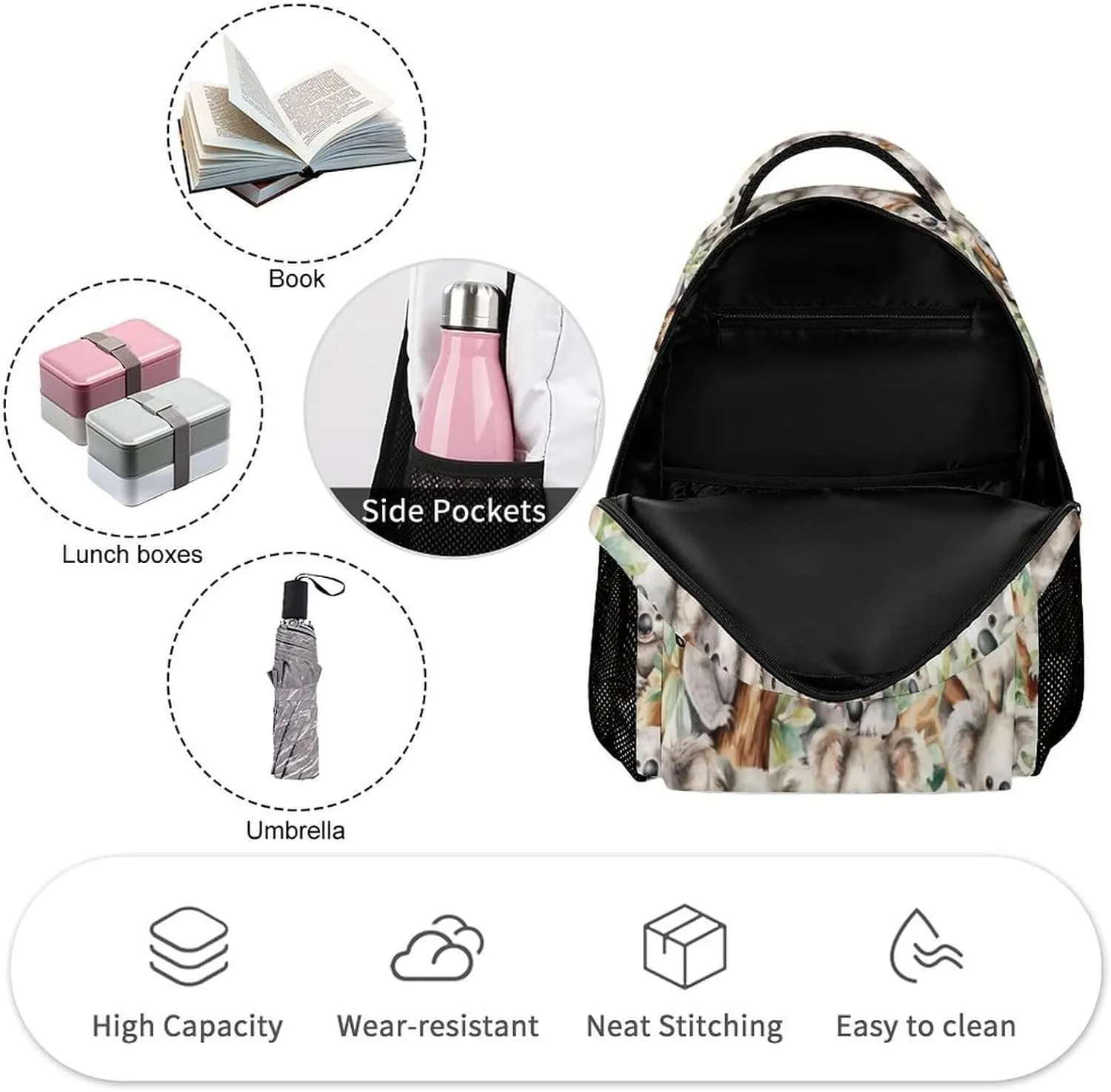 Koala Backpack for Kids Girls Boys School, 16 Inches Cute Koala Theme Bookbag, Adjustable, Lightweight, Large Capacity, Colorful Koala Backpack for School