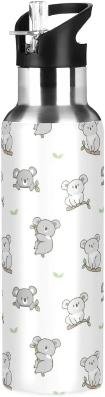 Koala Bear Water Bottle with Straw Lid Double Wall Cartoon Thermos Bottle Vacuum Insulated Flask Stainless Steel Water Bottle for Gym Outdoor 20 OZ