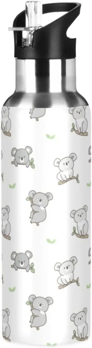 Koala Bear Water Bottle with Straw Lid Double Wall Cartoon Thermos Bottle Vacuum Insulated Flask Stainless Steel Water Bottle for Gym Outdoor 20 OZ