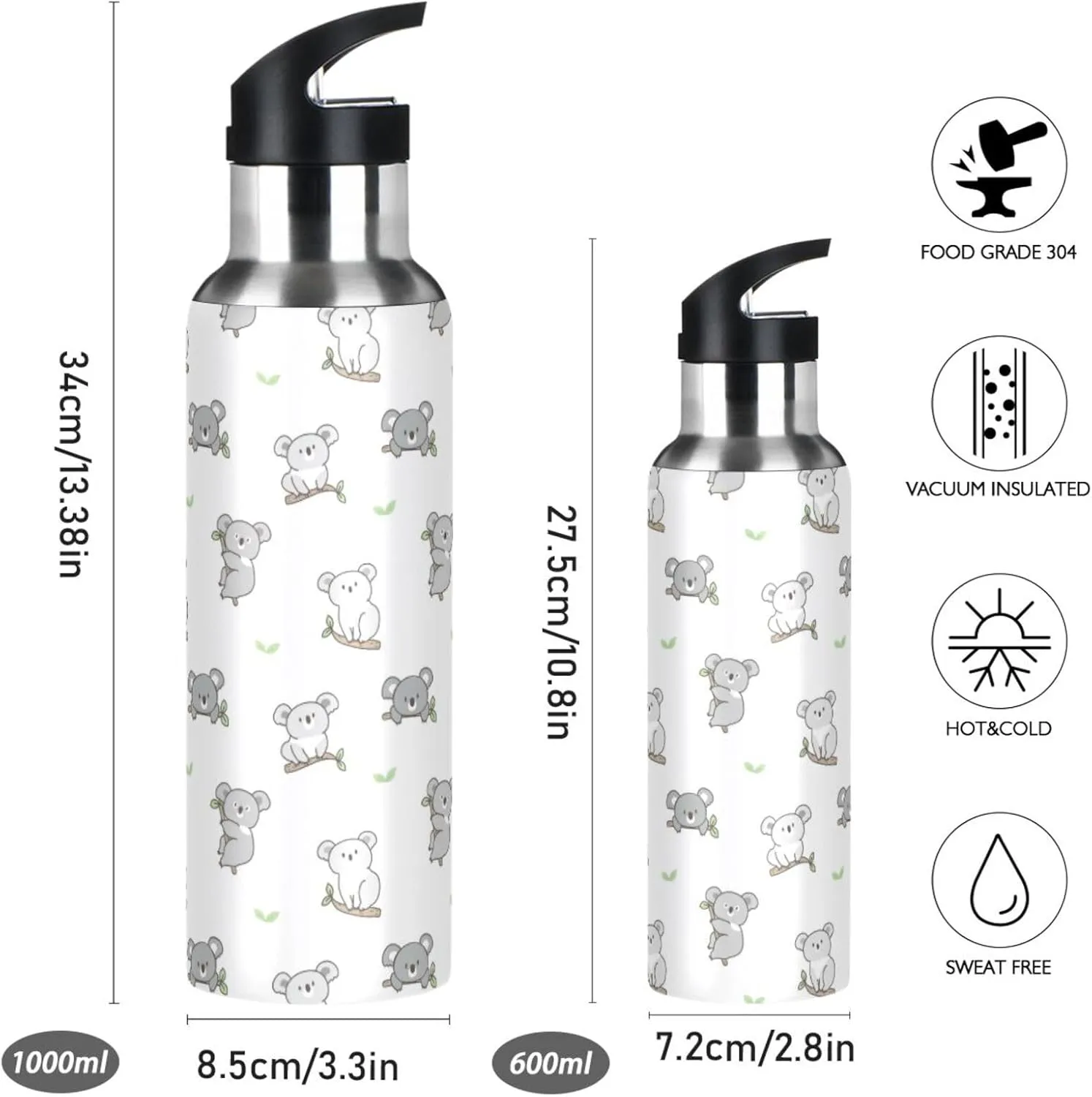 Koala Bear Water Bottle with Straw Lid Double Wall Cartoon Thermos Bottle Vacuum Insulated Flask Stainless Steel Water Bottle for Gym Outdoor 20 OZ