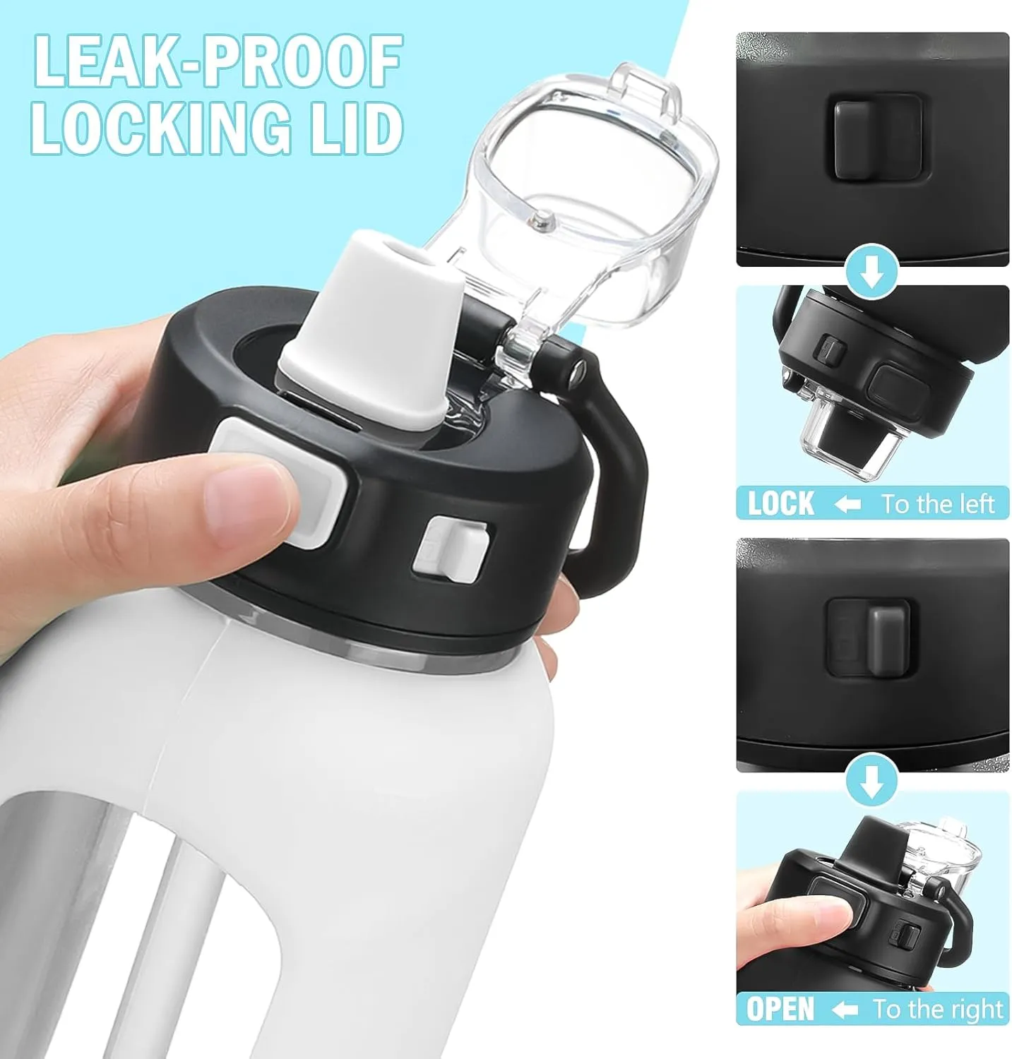 Kodrine Water Bottle With Straw and Carry Handle, Glass Water Bottle 24 oz Leak Proof Locking Lid with Soft Silicone Spout, Reusable Drinking Cups for Travel Sports with Time Marker,White