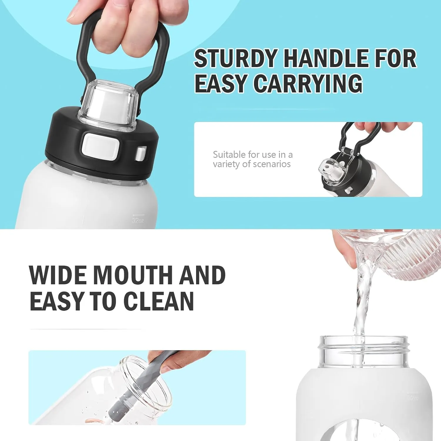 Kodrine Water Bottle With Straw and Carry Handle, Glass Water Bottle 24 oz Leak Proof Locking Lid with Soft Silicone Spout, Reusable Drinking Cups for Travel Sports with Time Marker,White