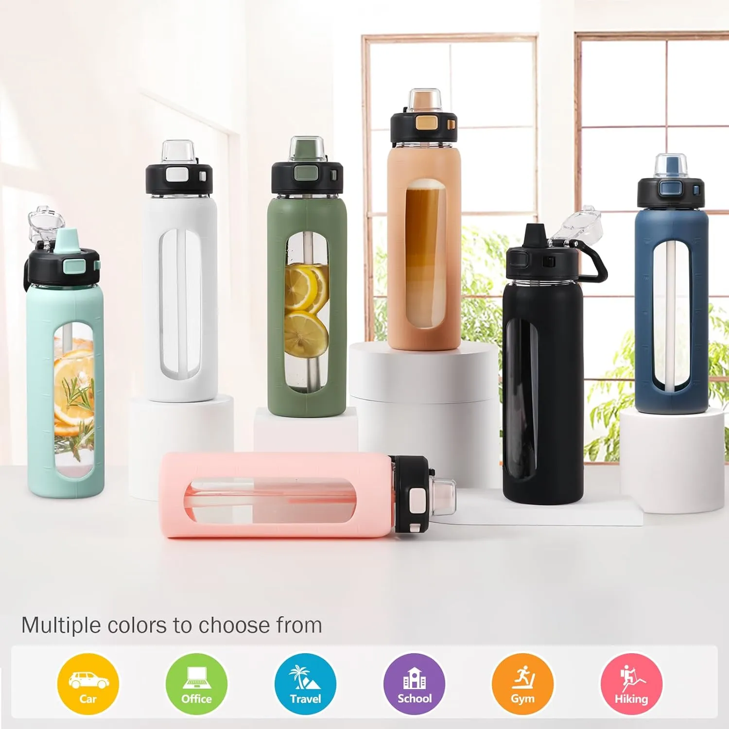 Kodrine Water Bottle With Straw and Carry Handle, Glass Water Bottle 24 oz Leak Proof Locking Lid with Soft Silicone Spout, Reusable Drinking Cups for Travel Sports with Time Marker,White