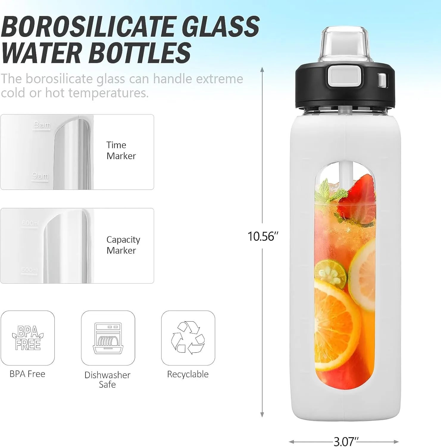 Kodrine Water Bottle With Straw and Carry Handle, Glass Water Bottle 24 oz Leak Proof Locking Lid with Soft Silicone Spout, Reusable Drinking Cups for Travel Sports with Time Marker,White