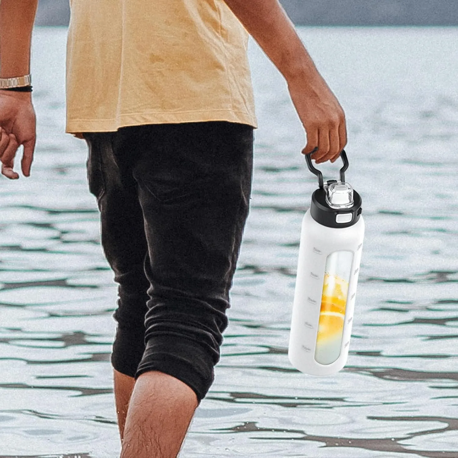 Kodrine Water Bottle With Straw and Carry Handle, Glass Water Bottle 24 oz Leak Proof Locking Lid with Soft Silicone Spout, Reusable Drinking Cups for Travel Sports with Time Marker,White