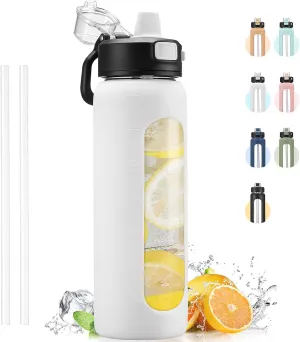 Kodrine Water Bottle With Straw and Carry Handle, Glass Water Bottle 24 oz Leak Proof Locking Lid with Soft Silicone Spout, Reusable Drinking Cups for Travel Sports with Time Marker,White
