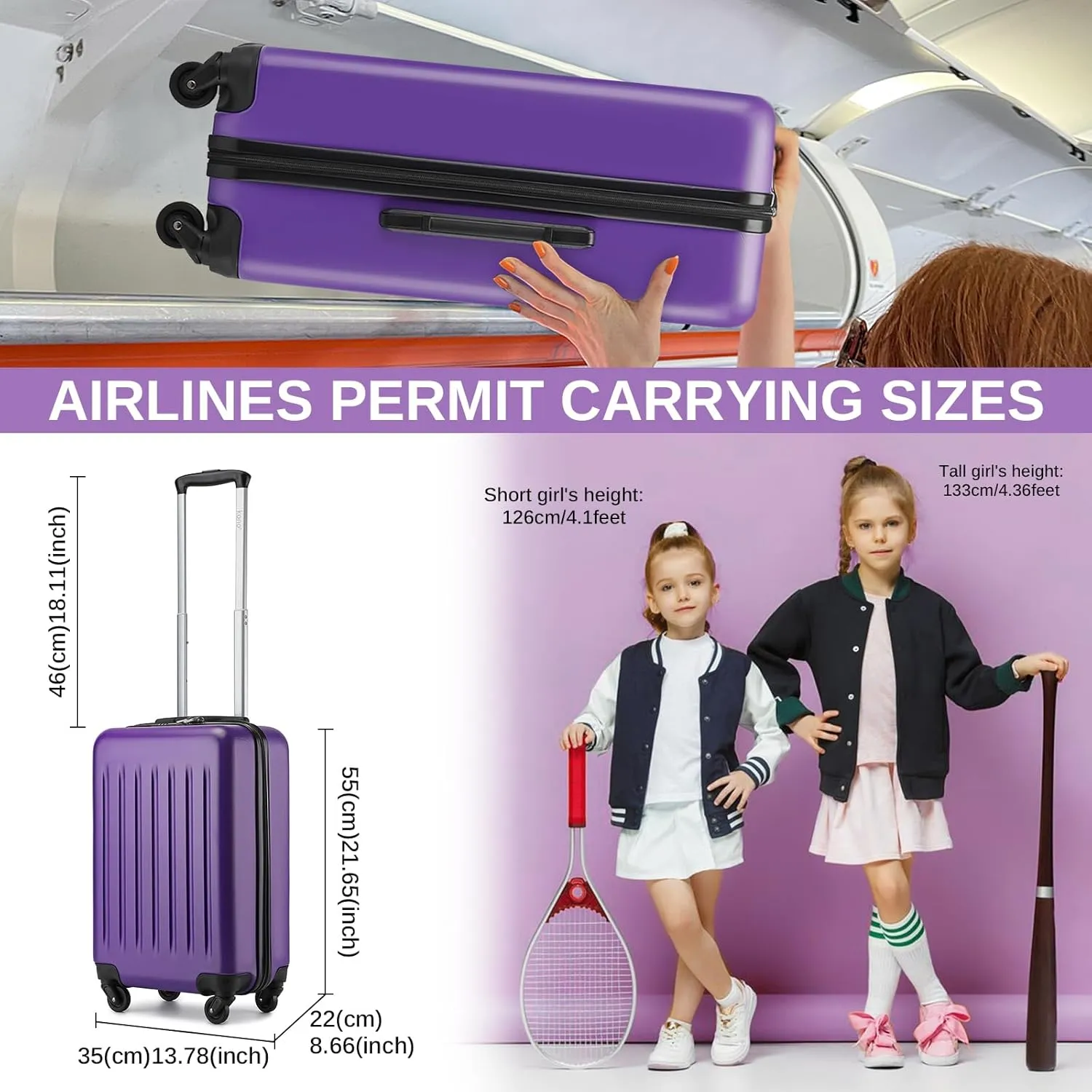 Kono 20-Inch Small Hardside Carry-on Suitcase with Spinner Wheels, Lightweight Rolling Cabin Suitcase for Airplane Travel (Purple, for 1-3 Days of Travel)