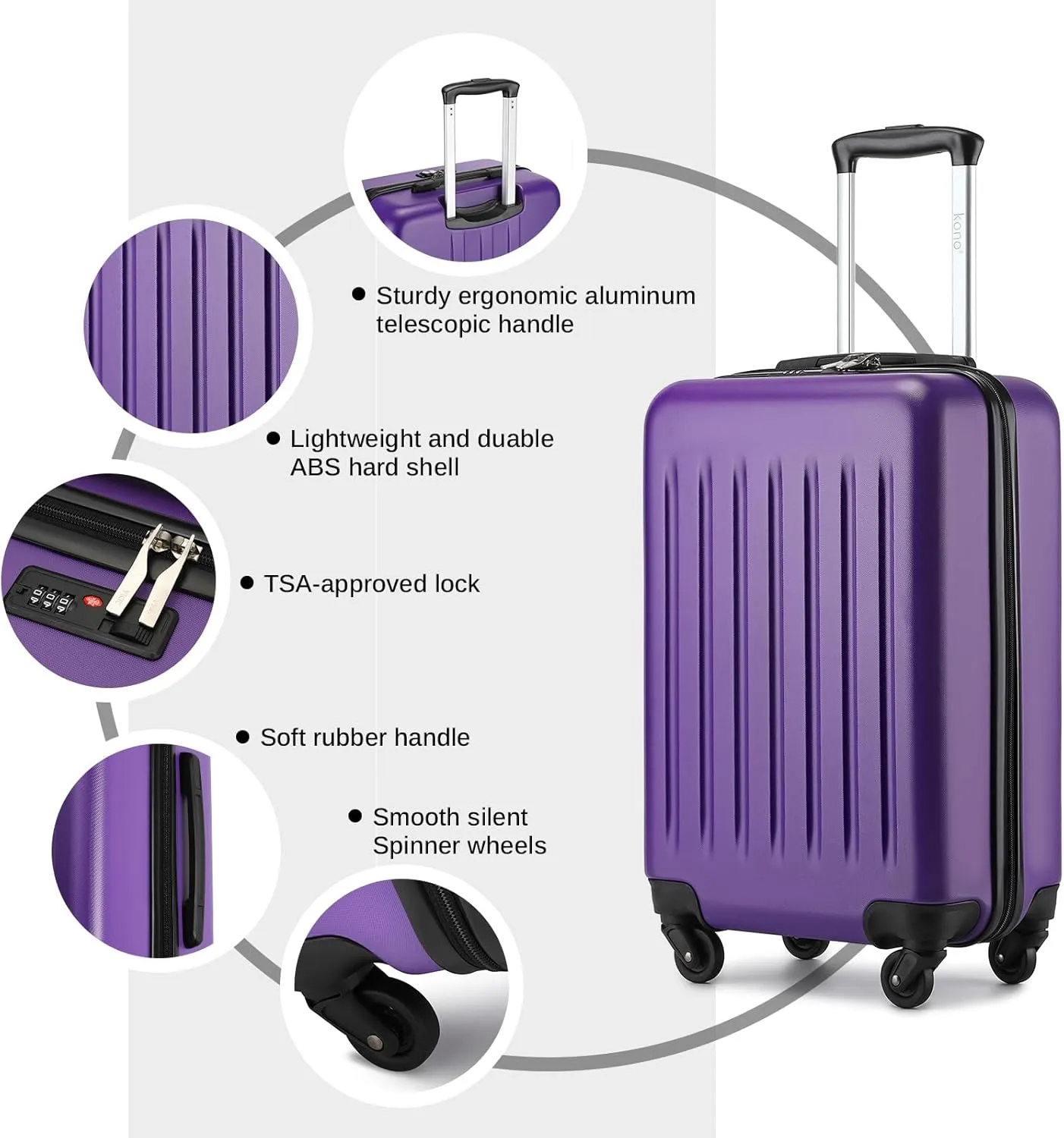 Kono 20-Inch Small Hardside Carry-on Suitcase with Spinner Wheels, Lightweight Rolling Cabin Suitcase for Airplane Travel (Purple, for 1-3 Days of Travel)