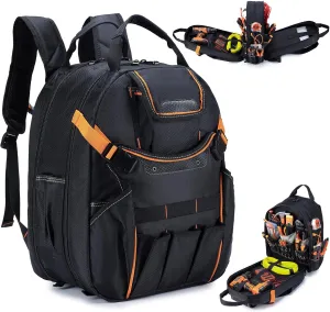 KSIBNW 45-Pockets Tool Backpack for Men,Heavy Duty Tools Organizer Bags with Laptop Compartment/Durable Tool Carrier with Charging Port for Eelectrician/Construction Work, Black and Orange