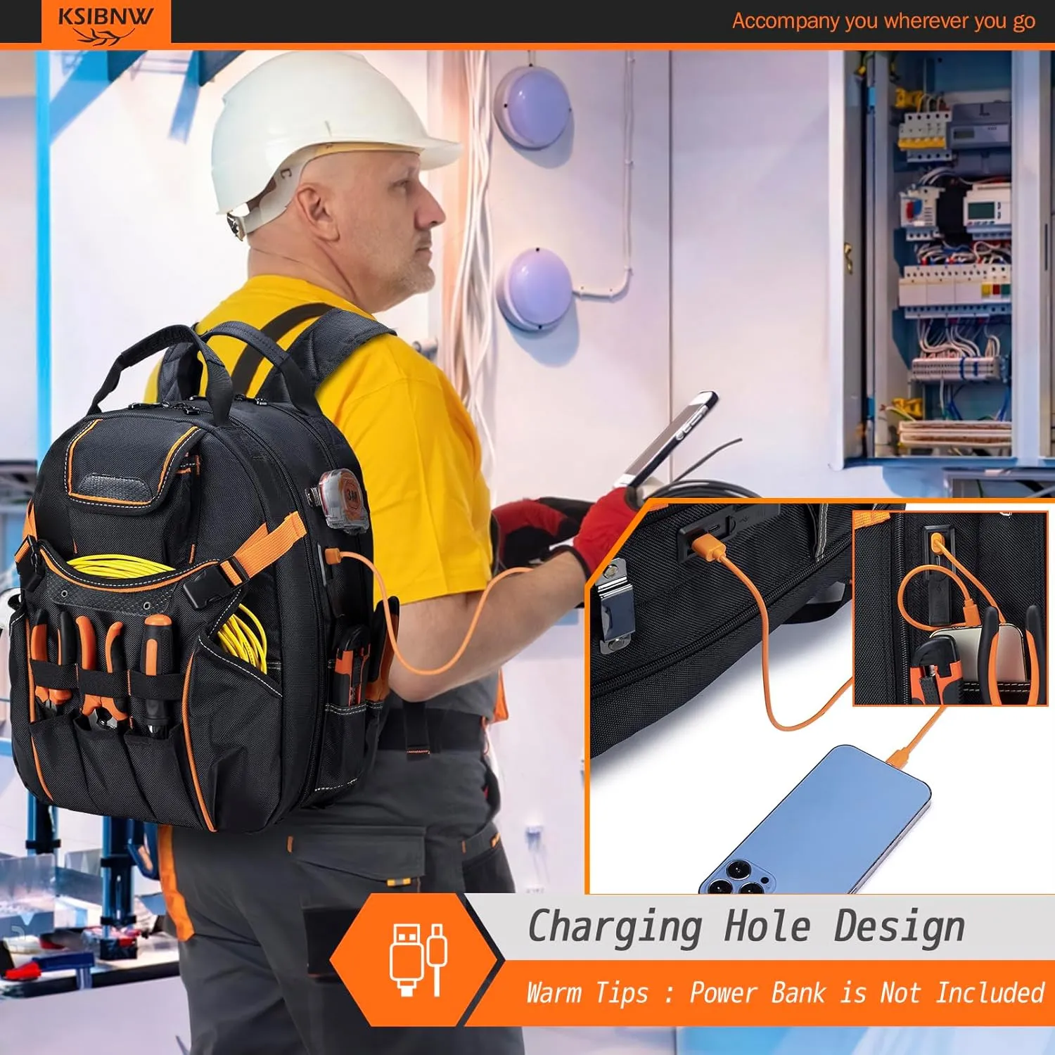 KSIBNW 45-Pockets Tool Backpack for Men,Heavy Duty Tools Organizer Bags with Laptop Compartment/Durable Tool Carrier with Charging Port for Eelectrician/Construction Work, Black and Orange