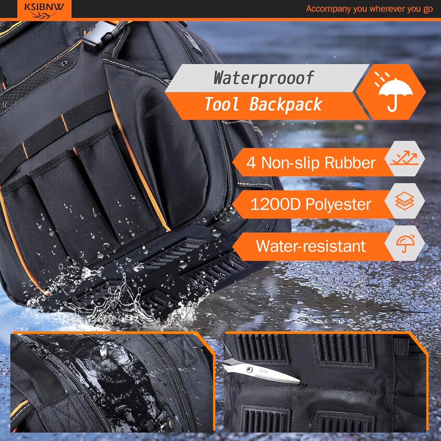 KSIBNW 45-Pockets Tool Backpack for Men,Heavy Duty Tools Organizer Bags with Laptop Compartment/Durable Tool Carrier with Charging Port for Eelectrician/Construction Work, Black and Orange
