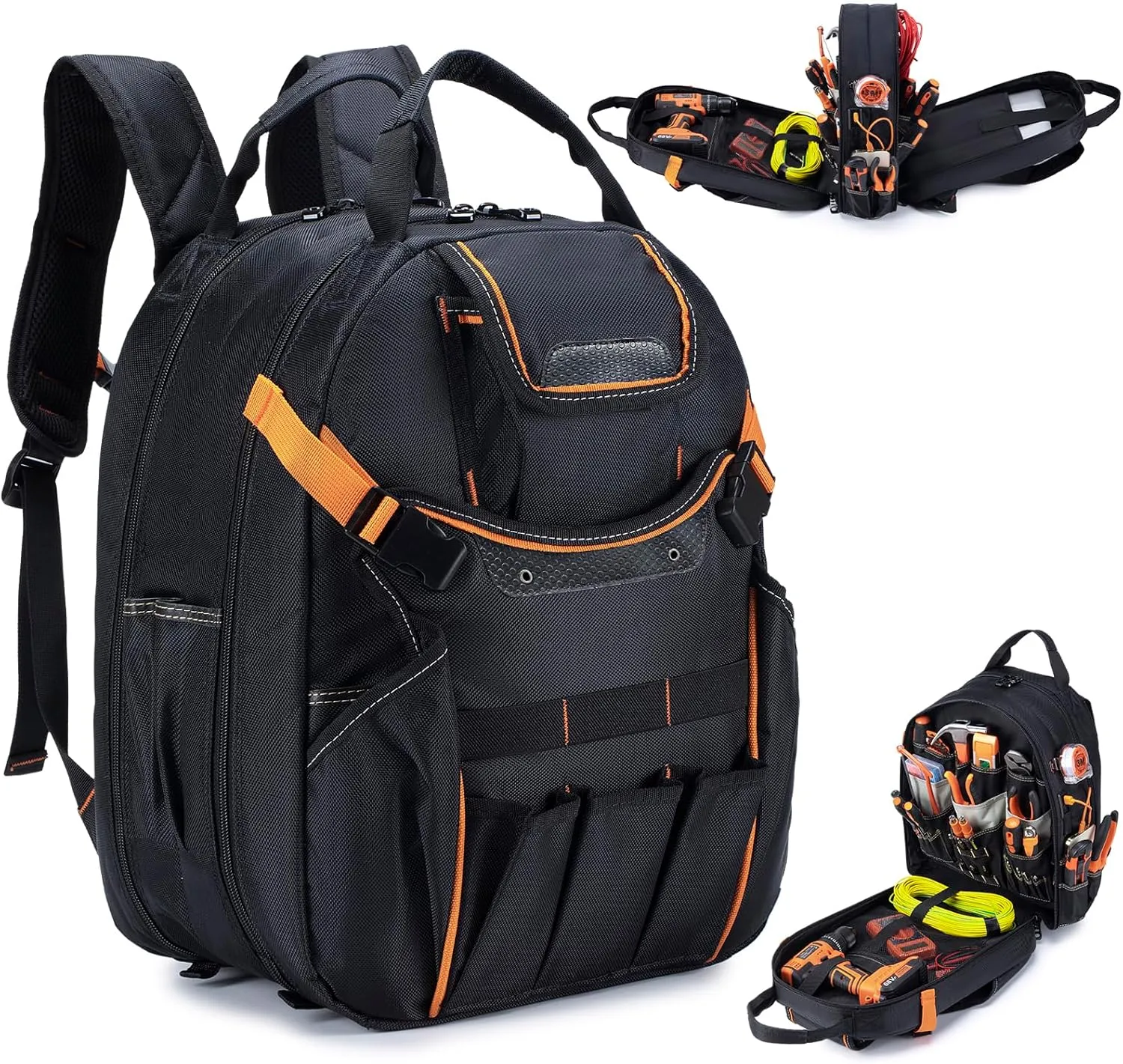 KSIBNW 45-Pockets Tool Backpack for Men,Heavy Duty Tools Organizer Bags with Laptop Compartment/Durable Tool Carrier with Charging Port for Eelectrician/Construction Work, Black and Orange