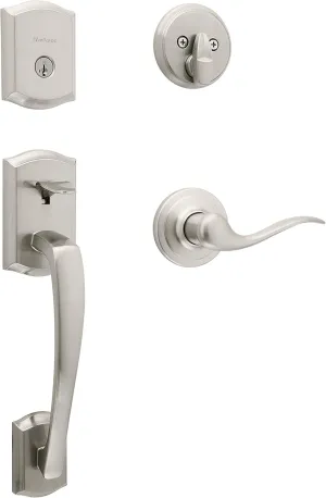 Kwikset Prescott Front Door Lock Handle and Deadbolt Set, Entry Handleset Exterior with Interior Reversible Lever, Satin Nickel, Pick Resistant SmartKey Rekey Deadbolt Security