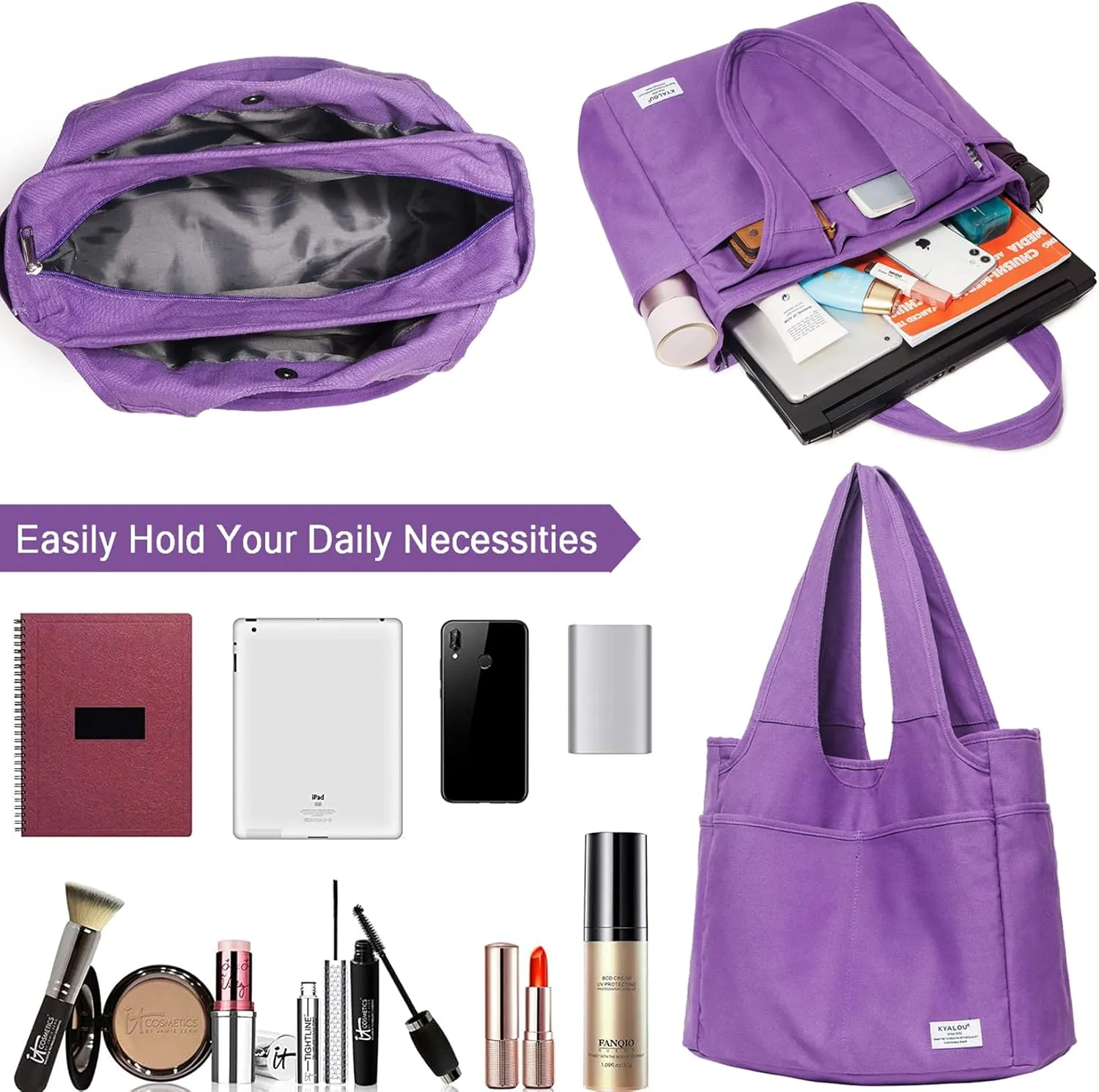 KYALOU Utility Large Tote Bag, Women Casual Shoulder Bags for Work Gym Beach Travel Shopping Grocery College
