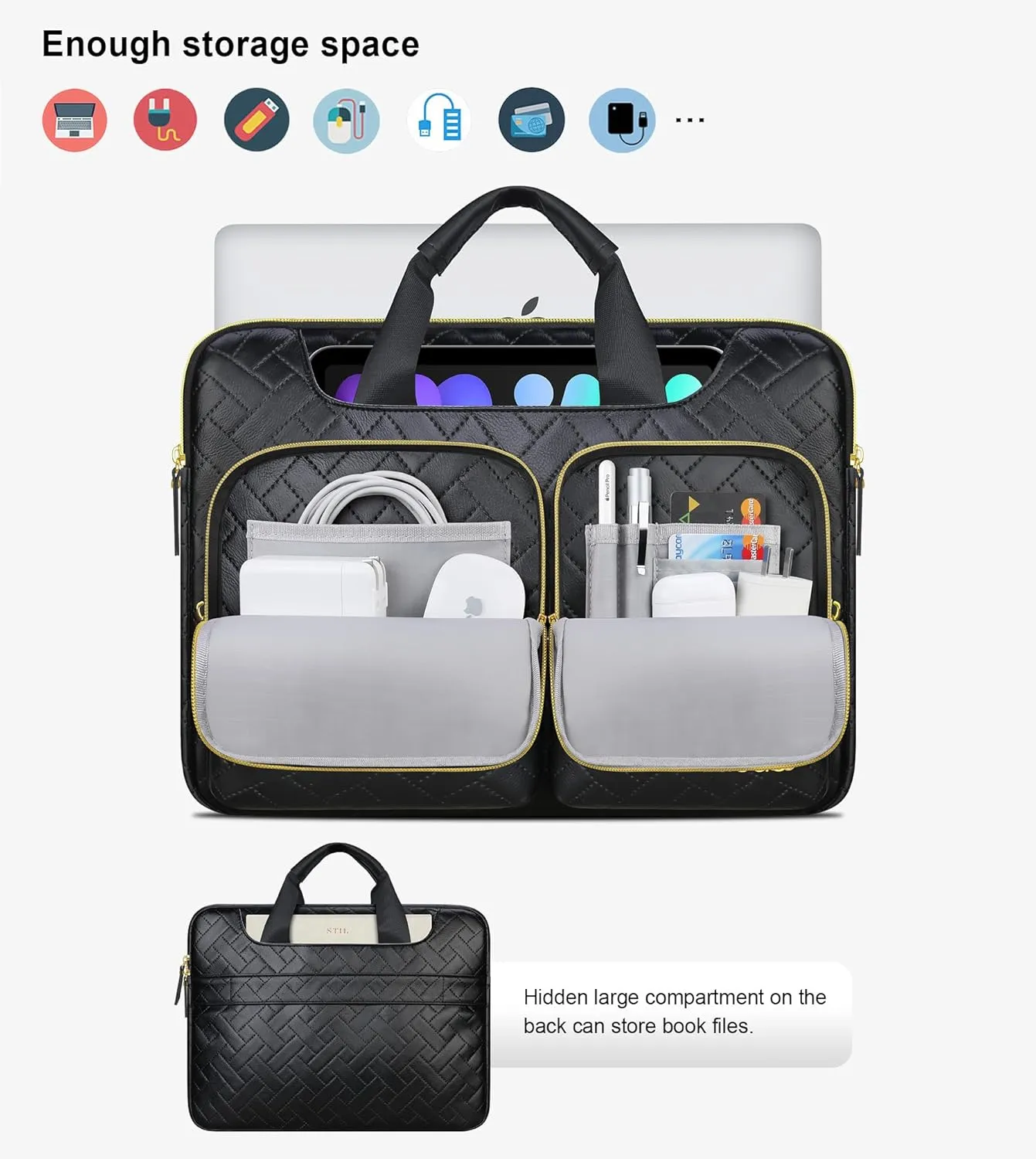 Lacdo 360° Protective Laptop Shoulder Bag for 13 inch New MacBook Air M4 A3240 2025, M3 A3113, M2 A2681, M1 A2337 A2179 A1932 | 13 inch MacBook Pro M2 M1 A2338 A2251 A2289 Computer Bag, Elegant Black