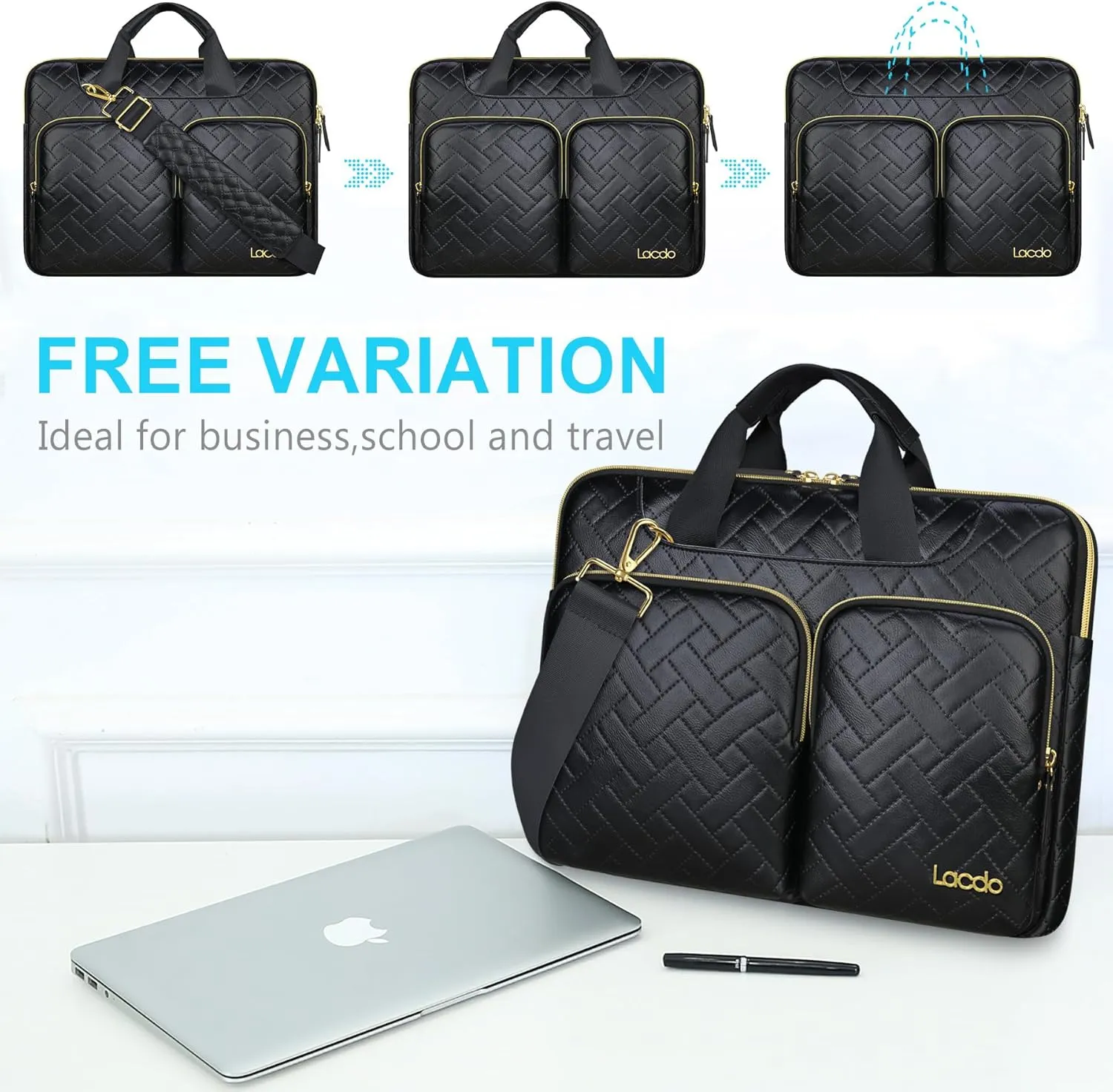 Lacdo 360° Protective Laptop Shoulder Bag for 13 inch New MacBook Air M4 A3240 2025, M3 A3113, M2 A2681, M1 A2337 A2179 A1932 | 13 inch MacBook Pro M2 M1 A2338 A2251 A2289 Computer Bag, Elegant Black