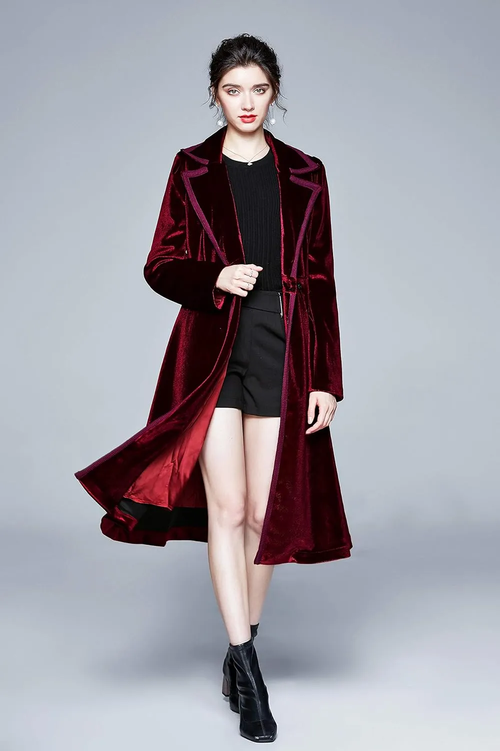 LAI MENG FIVE CATS Women's Elegant Notched Lapel Velvet Maxi-Length Trench Coat with Pocket